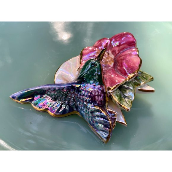 Vintage 1980s Ceramic Artist Made Humming BIrd Flower Brooch - Picture 10 of 10